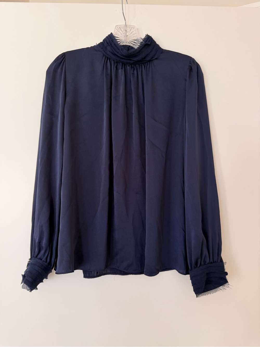 Zara Navy Blue High Neck Ruffle Blouse Frayed Trim Medium Office Corporate